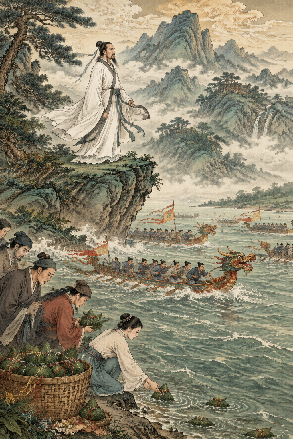 传统国风工笔画风格，端午节起源故事竖版构图。画面上方：远山层峦… - 图片创意预览