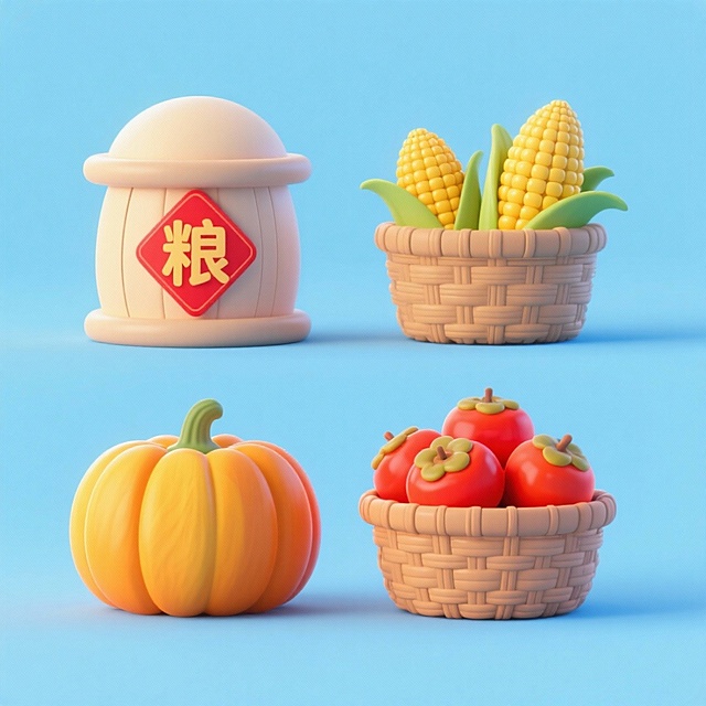 4个中秋素材组合，可爱电商促销感。素材包括：第一个粮仓（贴着带有 “粮” 字的红色菱形福字）；第二个一筐玉米；第三个一筐柿子；第四个南瓜。画面整体呈现鲜艳效果，淡蓝色背景。上下两行，排列整齐