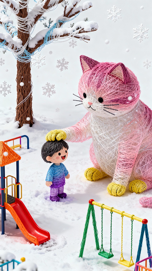 雪花飘落，一只巨大的猫咪用手抚摸小人的头，小人很开心，旁边是儿童游乐园，周围有落雪的树木，俯视构图，动感，画面具有故事感，孟菲斯配色