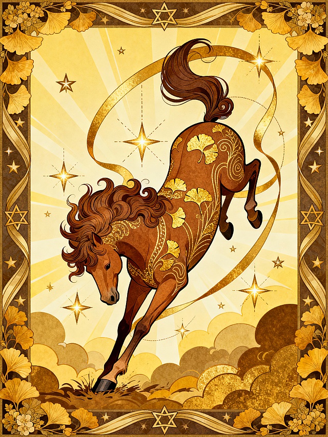 新中式扁平插画风格，明亮饱和的画面，画面细节丰富，风格参考是新艺术运动（Art Nouveau）风格，暖金色调画面，侧面马：棕底色、细腻金色纹理装饰的马（鬃毛呈向夸张卷曲的造型，毛发飘逸，躯体有细密的曲线金黄银杏叶纹饰与线条肌理，弯曲大长尾巴渐变成丝带环绕身体，尾巴向上翘），马呈现从上往下冲地姿态，屁股高翘，前蹄触地后蹄收缩；骏马位于画面中心，一圈星星环绕马（部分发光，有细线）；场景设定为暖黄渐变背景（放射状光效，许多深浅不一的金色云朵图形层叠，明亮），星星装饰元素，边框环绕纹饰（金黄银杏叶、花卉、星形装饰元素），细节丰富的六芒星，有粗细变化的丝带环绕边框。以流畅曲线、繁复装饰纹样为核心，兼具华丽复古感与艺术装饰性，场景设定为暖黄渐变背景，边框层次丰富，