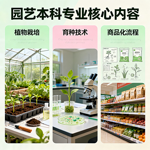 园艺本科主题概念图，画面展现植物栽培、育种、商品化的园艺专业内容，整体风格清新自然，展现园艺学习研究的氛围，远离复杂数学符号