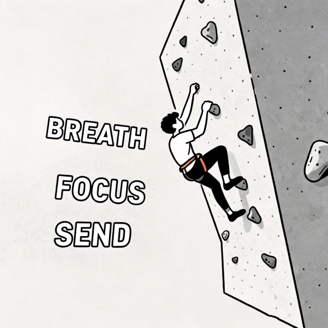 简笔画风格，只保留右边的攀岩小人、岩壁和三个英文词语"BREATH","FOCUS","SEND"，去除图片中其他所有多余内容，保持画面干净简洁预览效果