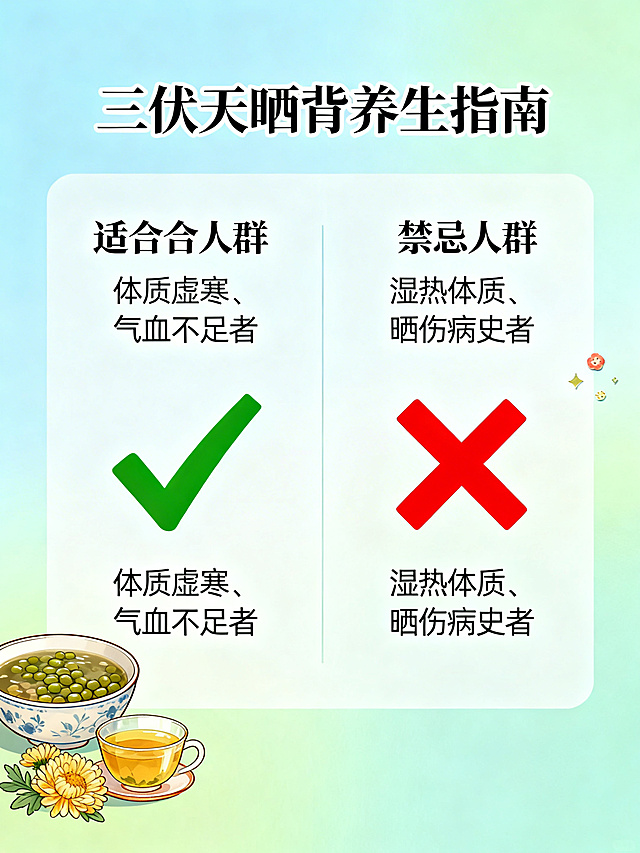 三伏天养生科普配图，展示适合和不适合晒背人群提示，画面分为左右两边，左边绿色对勾标记适合人群，右边红色叉号标记禁忌人群，背景是清新浅色系，搭配绿豆汤菊花茶小装饰，风格整洁明了