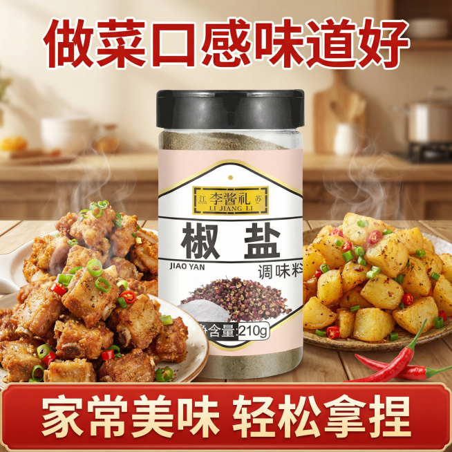 这张图片中的产品是椒盐调味料，我在拼多多卖这款产品，请帮我设计20张拼多多主图
主图文案要求：配料干净，咸淡适中，净含量210g，做菜口感味道好，烧烤撒料，火锅蘸料，油炸搭档，粉质细腻，海鲜/干锅/炒预览效果
