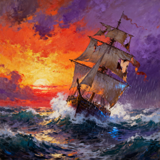 浪漫主义风格插画，暴风雨后海上日出，惊涛拍岸，帆船在海浪中挣扎，色彩奔放，情感强烈，富有戏剧性和英雄主义故事感，细节丰富预览效果