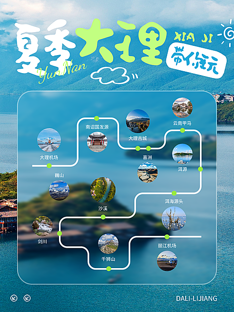 文旅旅游夏季大理行程清新湖景简约风小红书封面