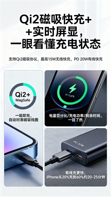 充电宝详情页             一、第一屏
 1.标题（大字）：
 “ iPhone 专用QI2磁吸充电宝”
2.副标题（小字）：
  “Qi2 磁吸快充｜实时屏显｜金属+磨砂玻璃高颜值”
画预览效果