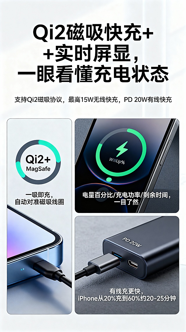 充电宝详情页             一、第一屏
 1.标题（大字）：
 “ iPhone 专用QI2磁吸充电宝”
2.副标题（小字）：
  “Qi2 磁吸快充｜实时屏显｜金属+磨砂玻璃高颜值”
画面描述：
  - iPhone 17 银色背面 + QI2充电宝吸在背上+图中浅蓝色的背景上有几个承托产品的柔软的渐变球体，画面颜色搭配舒服；
  - 特写磨砂玻璃背板的光感+金属边框；强化突出充电宝的背面磨砂玻璃的质感和金属边框的材质。（3D渲染风格，超写实主义，octane渲染，强调材质细节，磨砂玻璃与液态透明质感的精确表现，现代产品设计可视化，8K超高清分辨率，光线追踪技术，细腻的材质反射与折射效果）
二、第二屏
- 标题：
 “告别笨重的大砖头，只带一片就够了”
- 副标题：
  **通勤、追剧、咖啡店办公，一吸即充，不占手不占线**
- 内容点（用三小图或三 icon）：
  1. 地铁/通勤：手机+充电宝一体握在手里 → “边走边刷，磁吸不掉”
  画面描述：地铁/通勤：有个帅哥在地铁里一只手抓着头顶的扶手，一只手一体握着背面有充电的手机在手里 
  2. 办公/咖啡：手机放桌面上吸着充 → “无需找线，拿起就走”  
  3. 外出约会：女士小包内实拍 → “比大容量砖头更轻更好看”
### 3. 第三屏： 核心功能——Qi2 / 磁吸 / 快充 / 屏显

用一个“功能集成”屏，把你图里的 Qi2 / MPP / 智充UI / 实时动态显示都简化掉。

- 标题：
  **Qi2 磁吸快充 + 实时屏显，一眼看懂充电状态**

- 副标题：
  **支持 Qi2 磁吸协议，最高 15W 无线快充，PD 20W 有线快充**

- 内容点（左右排/上下排都可以）：
  - 左侧：Qi2 + MagSafe 图标
    - 文案：**一吸即充，自动对准磁吸线圈**
  - 中间：屏显 UI 特写
    - 文案：**电量百分比 / 充电功率 / 剩余时间，一目了然**
  - 右侧：PD 20W 有线口示意
    - 文案：**有线充更快，iPhone 从 20% 充到 60% 约 XX 分钟*（用实测数据补）**
 第四屏：体验细节——容量够用 / 轻薄 / 吸得稳

**这是拼多多退货率高的关键处理：把预期说清。**

- 标题：
  **轻装出门，刚刚好够用的一天电量**

- 副标题：
  **不是越大越好，而是够用+轻薄才重要**

- 内容拆分：

（你可以分别做 5000 和 10000 的详情页，这里以示例写法）

- 左侧：5000mAh →
  - 文案：
    - “适合日常通勤补电，iPhone 15 大约可从 20% 充到 80% 约1–2 次*”
“更轻更薄，放小包不占空间”
右侧：10000mAh →文案：“适合重度使用/短途出差，iPhone 15 大约可从 20% 充到 80% 约 2–3 次*”
“容量更安心，一天电量无压力”
下面一行小字共同说明：
“*具体次数视机型与使用环境略有差异，数据来自本店实验室测试”
再配一张 “手拿厚度对比” + “磁吸强度小图”：
文案：“约 XX g，握持轻便不疲劳”
“强磁吸 + 多点定位，走路轻晃不易掉落，建议搭配磁吸手机壳使用”
5. 第五屏：做工 & 质感——用你现有的 CNC / 阳极氧化 / AG磨砂玻璃
你现在图里有：CNC、阳极氧化、AG磨砂钢化玻璃、防指纹，这些很棒，但要翻译成人话。
标题：
金属边框 + 磨砂玻璃，手感和颜值都在线
副标题：
CNC 精工切削｜阳极氧化金属边框｜AG 磨砂钢化玻璃背板
内容点：
图1：边框倒角特写文案：“金属边框一体成型，CNC 精雕细琢，边缘圆润不割手”
图2：磨砂玻璃背板局部反光文案：“AG 磨砂钢化玻璃，低反光不炫目，摸起来细腻不黏腻”
图3：手指触摸不留印对比文案：“防指纹涂层，告别油腻指纹，一整天保持清爽干净”
6. 第六屏：安全 & 品控（电芯+保护）
你现在有电池剖面图，可以用来讲“用料和保护”，减少用户担心。
标题：
安全电芯 + 多重保护，安心充不伤机
副标题：
高品质电芯｜多重智能保护｜严格出厂检测
内容点：
“采用高品质聚合物电芯，多轮测试，寿命更长”
“内置多重保护：过充保护 / 过放保护 / 过流保护 / 短路保护 / 温度保护”
“每一台出厂前都经过完整充放电检测，确保稳定可靠”
如果你有任何认证（如 CE、FCC、RoHS 等），可以用小图标排一排。
7. 第七屏：对比普通充电宝（强化定位差异）
用一张对比表，把你和“便宜大黑砖”做对比。
标题：
不是大黑砖，是日常随身的数码饰品
表格示例：
对比项普通充电宝这款磁吸玻璃充电宝
外观 塑料外壳、普通造型 金属边框 + 磨砂玻璃，高级质感 
使用方式 要找线、要拿着两块 一吸即充，手机+电宝合一 
重量体积 笨重厚实，多余容量浪费 轻薄便携，刚好满足一天使用 
充电状态 只有几个灯，看不懂 数显屏实时显示电量和功率 
适配 iPhone 只能当普通移动电源 支持 Qi2 磁吸，更适合 iPhone 用户 
8. 第八屏：适配机型 & 服务承诺
减少购买前疑虑、减少退货。
标题：
适配机型 & 售后服务
内容点：
“无线磁吸推荐搭配：iPhone 12 / 13 / 1
3D渲染风格，超写实主义，octane渲染，强调材质细节，磨砂玻璃与液态透明质感的精确表现，现代产品设计可视化，8K超高清分辨率，光线追踪技术，细腻的材质反射与折射效果