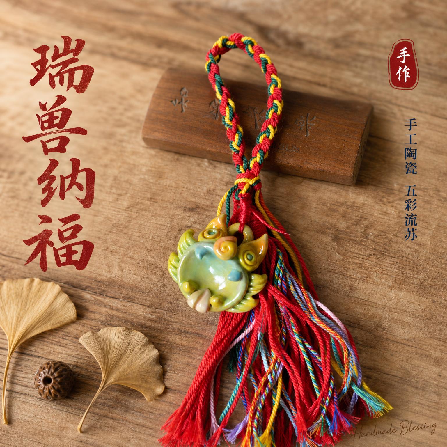 [主图-1] 国风陶瓷瑞兽流苏挂饰首图，暖木禅意氛围。 [氛围… - 图片创意预览