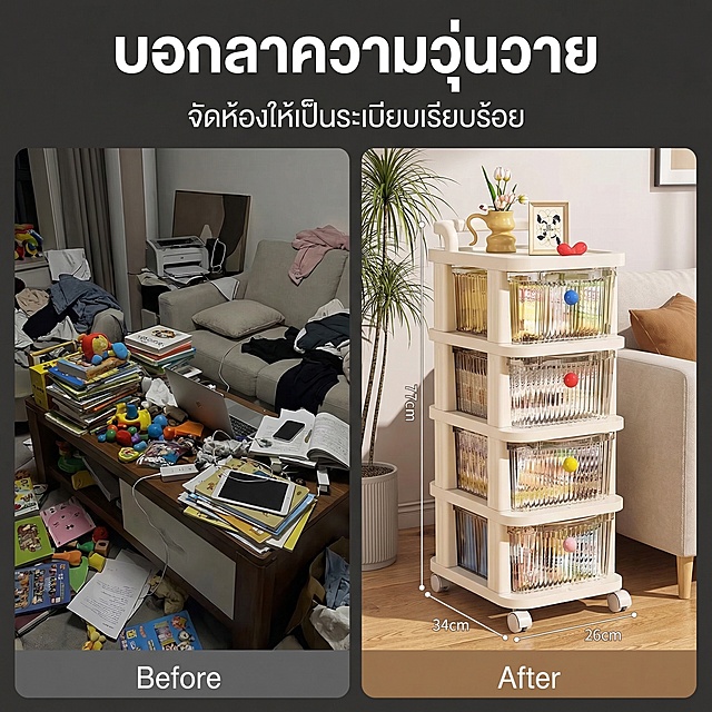 [垫图]: https://gdesign-dam-hz.dancf.com/35907392784803925/1ca92fb8623a4472977e7f0611825cb3.png
产品外观必须与原图100%一致，采用左右拼图布局，左侧展示杂乱桌面堆积物品的混乱场景，右侧展示本推车整理后整洁有序的客厅角落。顶部大标题 "บอกลาความวุ่นวาย"，下方小字 "จัดห้องให้เป็นระเบียบเรียบร้อย"。通过对比展示产品解决收纳混乱痛点的价值。1:1构图，2k分辨率。