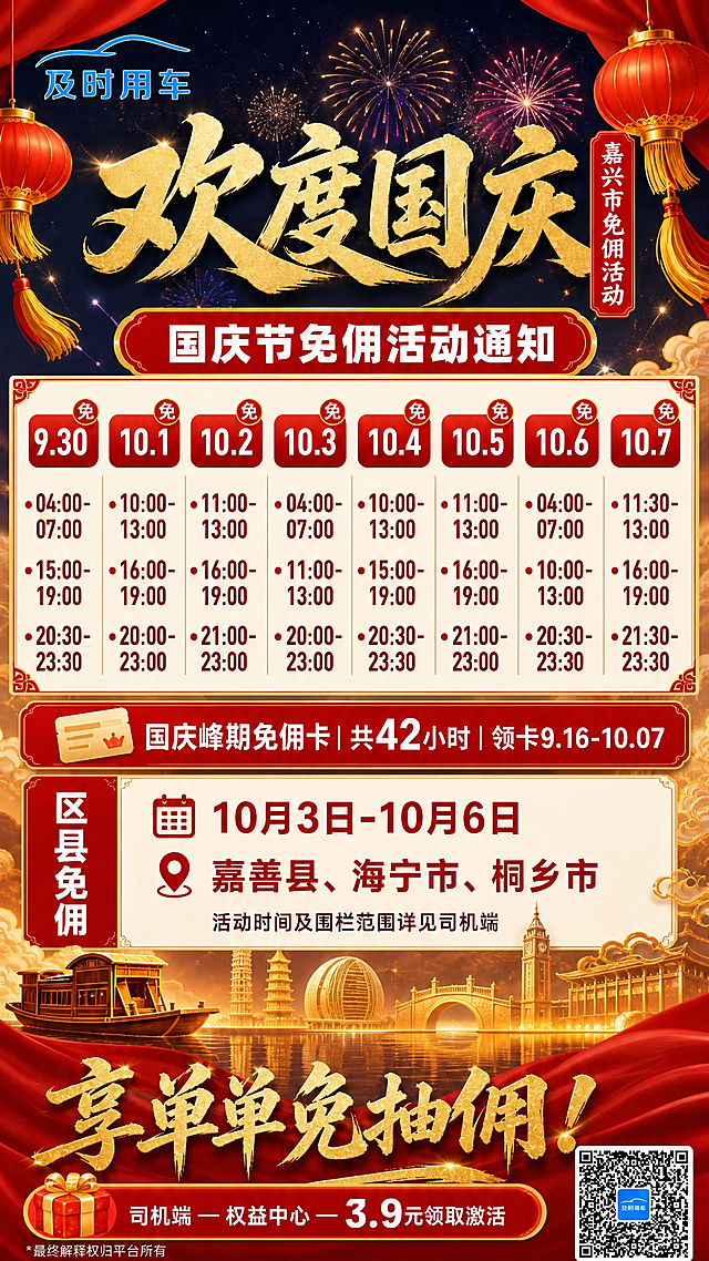 基于这张嘉兴市国庆免佣活动海报进行优化，竖版9:16比例。核心要求：日历区域的每日免佣时段文字放大，时间数字显示更大更清晰醒目，不要太小。

具体调整：
1. 日历区域整体适当加高，给8列日期下方的时段文字留出更大空间
2. 每日免佣时段的时间数字字体明显放大，加粗显示，确保远距离也能看清
3. 红色圆点保持，时段文字字号增大，行间距适当拉开
4. 其余所有元素保持不变：左上角及时用车logo、欢度国庆金色书法大字、右侧竖排嘉兴市免佣活动、红色圆角标题栏、8个红底日期格带免角标、国庆峰期免佣卡信息、区县免佣区域（10月3日-10月6日 嘉善县海宁市桐乡市）、底部享单单免抽佣和3.9元领取激活按钮、右下角二维码、左下角最终解释权小字

红金国潮国庆主题风格保持一致，烟花祥云城市剪影背景不变，整体文字清晰锐利，商用高清画质，无AI水印。