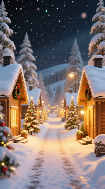 3D 虚拟自然环境，背景是北欧雪镇的夜景，两侧木屋和圣诞树覆雪，点缀圣诞花环，占比小一些，街道铺雪，暖黄 + 雪白配色，明亮温馨。预览效果