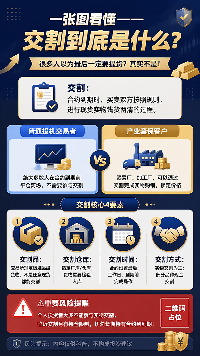 金融科普海报，内容种草风格，竖版9:16，扁平插画风格，深蓝与金色配色，专业简洁大气。画面顶部大标题："一张图看懂——交割到底是什么？"，副标题："很多人以为最后一定要提货？其实不是！"。中部上方为交割定义卡片："交割：合约到期时，买卖双方按照规则，进行现货实物钱货两清的过程。"。中部左右分两个对比卡片：左侧蓝色卡片标题"普通投机交易者"，内容"绝大多数人在合约到期前平仓离场，不需要参与交割"；右侧金色卡片标题"产业套保客户"，内容"贸易厂、加工厂，可以通过交割完成实物购销，锁定价格"。中下部为"交割核心4要素"板块，四个编号图标横向排列：1."交割品：交易所规定标准品级货物，不是任意现货都能交割" 2."交割仓库：指定厂库/仓库，货物需要检验入库" 3."交割时间：合约设置最后工作日，到期前完成操作" 4."交割方式：实物交割为主；部分品种现金交割"。底部红色警示区域，标题"⚠️ 重要风险提醒"，内容"个人投资者大多不能参与实物交割，临近交割月有持仓限制，切勿长期持有合约到到期！"。最底部小字灰色风险提示："风险提示：内容仅供科普，不构成投资建议"。版式精美，层级分明，信息清晰易读，四周留安全边距。画面中所有信息区域必须填充完整合理的内容，不得出现空白框、空白占位、横线待填写区域、空列表项、空单元格。画面中所有二维码区域使用纯色方块占位符呈现，方块中央标注"二维码占位"文字，严禁生成任何可识别的二维码图案。画面中所有数字必须精确渲染，不得错位、遗漏或编造。