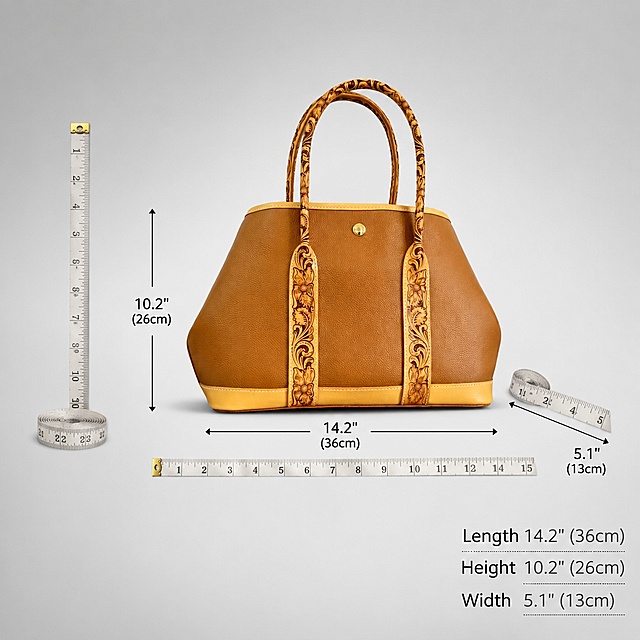 [Main Image 7] Size specification picture: Oriental intangible cultural heritage leather carving genuine leather handbag. Keep the original bag completely consistent. Place a soft ruler next to the bag to visually show length, width and height dimensions. Mark the size data in the lower right corner: "Length 14.2'' (36cm) Height 10.2'' (26cm) Width 5.1'' (13cm)". Light gray gradient background, text clear and easy to read. 1:1 square, 2K resolution, all text English. Negative prompt: distortion, text clutter, blurred product.