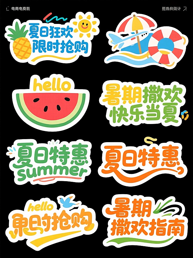 一组电商场景使用的夏季主题艺术字设计，保持手绘卡通风格，采用明亮活泼的夏日色彩（如阳光黄、海水蓝、西瓜红、草绿、活力橙），每个艺术字搭配夏季元素装饰：太阳、菠萝、冰淇淋、飞机、救生圈、遮阳伞、飞鸟、海浪线条。文字设计融合圆润笔触与动感曲线，部分字体带有渐变填充和白色描边，背景为纯黑色以突出文字。包含“夏日狂欢限时抢购”、“暑期撒欢快乐当夏”、“hello summer”、“夏日特惠”、“暑期撒欢指南”等电商促销文案，排版紧凑饱满，视觉层级清晰，信息传达高效，整体充满夏日活力与促销氛围。
