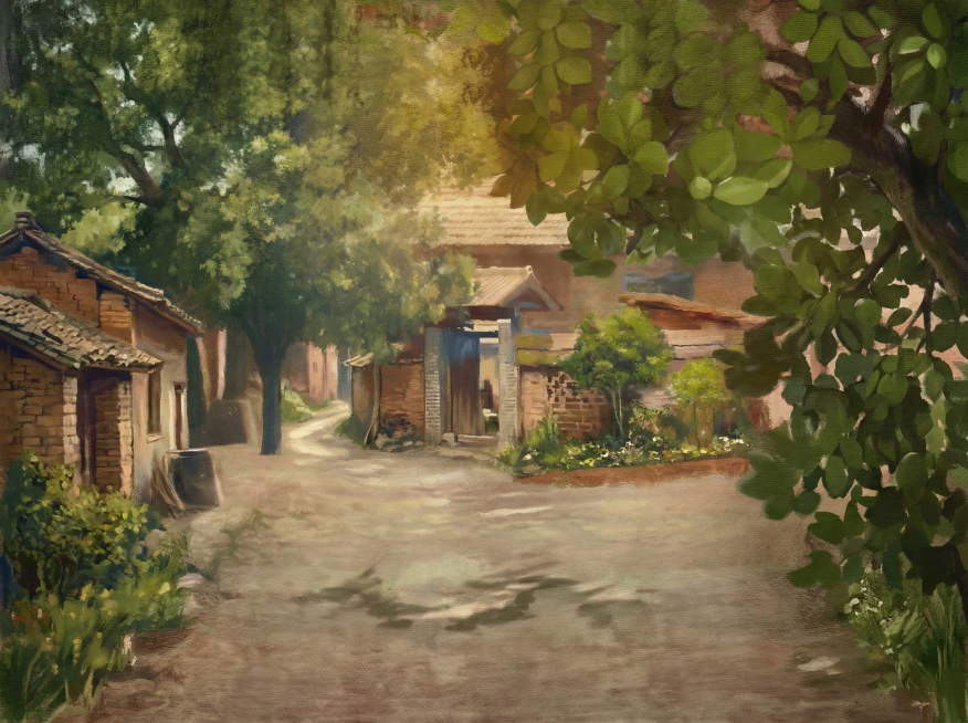 提取图片背景，保留背景中的树木、乡村房屋和土路预览效果