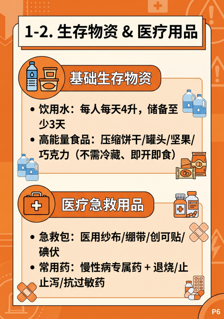 A4纵向手册P6，橙色系，清单式布局，顶部标题：“1-2. 生存物资 & 医疗用品”，第一条“基础生存物资”旁配水瓶和食品图标：• 饮用水：每人每天4升，储备至少3天 •高能量食品：压缩饼干/罐头/坚预览效果