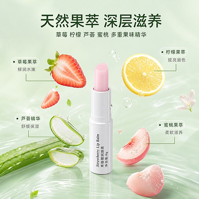 [主图-2] 核心功效成分解析，展示润唇膏的天然果萃成分与保湿功效，强调植物精华滋养双唇。
[统一基调] 清新自然水润风格，背景主色为薄荷浅绿色渐变，标题字色为深绿色，辅助字色为灰绿色，强调色为柠檬黄和淡粉色，字体为干净的非衬线体，字号层级分明，卡片样式为圆角半透明白色底，整体通透清爽。
[画面] 画面中央偏下位置放置一支旋出淡粉色膏体的润唇膏，产品完整清晰。产品上方和周围悬浮着多种天然水果成分元素：新鲜草莓切片、柠檬片、芦荟叶片、桃子果肉，每种成分旁有细线引出的小标签标注成分名称。成分元素轻盈悬浮，营造天然植萃的感觉。背景为柔和的浅绿色渐变，带有淡淡的水波纹光影效果。主体产品占画面约40%，成分元素环绕分布。
[光影质感] 高级商业摄影质感，柔和自然光，产品有细腻高光，水果成分新鲜真实，整体画面通透水润，有自然的光影层次。
[配色] 主背景薄荷浅绿色，产品白色管身，水果成分呈现天然的红、黄、绿、粉色，标题深绿色，整体清新自然。
[文字版式] 画面上方居中放置主标题"天然果萃 深层滋养"，主标题下方有小字辅助说明"草莓 柠檬 芦荟 蜜桃 多重果味精华"。画面中下部的成分标签用小号字体标注具体成分名称。文字均放在负空间，不遮挡产品主体。
[输出要求] 比例1:1，文字清晰可读，产品清晰完整，无变形，无错字，无模糊，无杂乱元素，无水印，无平台Logo。