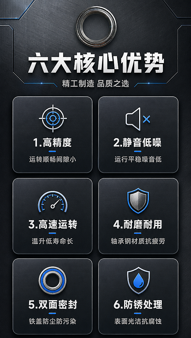 [商品] 使用【图1】深沟球轴承6803ZZ；保留金属银色外圈、内圈、铁盖密封结构、圆形轮廓；缩小置于顶部，作为产品身份展示，不改变结构比例。
[画面] 目标：核心卖点总览，6大卖点快速传递。构图：竖版9:16，顶部20%区域放轴承小图+主副标题；下方80%区域为2列3行共6个卖点卡片，卡片等大均匀排列，间距适中；每个卡片含图标+短标题+一句话说明；阅读动线从上到下、从左到右。
[视觉] 套系策略：风格=工业风硬核科技商业摄影；标题字=粗黑无衬线工业字体；正文字=简洁无衬线体；主色=深灰冷调金属灰；背景延展=基于深灰做深浅层级渐变、金属拉丝纹理和工业质感；强调色=科技蓝，仅用于小面积图标、引线、标签和局部光效；标题色=纯白；正文色=浅灰；组件=深色圆角信息卡、细线引线、工业风图标；光影=均匀冷光，卡片微浮起带投影。
[文字] 顶部主标题「六大核心优势」，副标题「精工制造 品质之选」；6个卖点卡片：1.高精度 运转顺畅间隙小；2.静音低噪 运行平稳噪音低；3.高速运转 温升低寿命长；4.耐磨耐用 轴承钢材质抗疲劳；5.双面密封 铁盖防尘防污染；6.防锈处理 表面光洁抗腐蚀；所有文字横排，手机端可读。
[规格] 图片比例9:16竖版，4K分辨率，负向提示：避免变形、错字、文字过小、暖色背景、塑料质感、竖排文字、斜排文字。