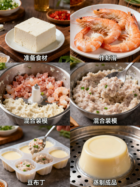 豆腐虾滑蒸布丁制作步骤图，四宫格制作步骤（ 配文字）预览效果