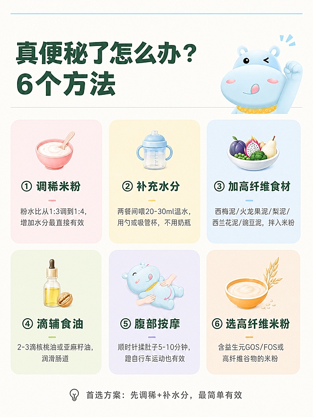 电商级高品质母婴科普内页，清新马卡龙风格，淘宝详情页质感，画面精致细腻。背景：纯净米白色，顶部一条极细的浅粉蓝色装饰线。顶部标题区：左侧深绿色粗体大字「真便秘了怎么办？6个方法」，右侧一个小小的3D浅蓝色河马头像（加油表情）。标题下方一条细细的浅灰色分隔线。6个方法分两列三行排列，每个方法是一个马卡龙色的柔和圆角卡片（浅粉/浅黄/浅蓝/浅绿/浅紫/浅橙交替），卡片内顶部有一个小小的简约图标，中间标题深绿色粗体，下方说明深灰色小字，排版精致：左上卡片（浅粉）：「① 调稀米粉」+「粉水比从1:3调到1:4，增加水分最直接有效」。中上卡片（浅黄）：「② 补充水分」+「两餐间喂20-30ml温水，用勺或吸管杯，不用奶瓶」。右上卡片（浅蓝）：「③ 加高纤维食材」+「西梅泥/火龙果泥/梨泥/西兰花泥/豌豆泥，拌入米粉」。左下卡片（浅绿）：「④ 滴辅食油」+「2-3滴核桃油或亚麻籽油，润滑肠道」。中下卡片（浅紫）：「⑤ 腹部按摩」+「顺时针揉肚子5-10分钟，蹬自行车运动也有效」。右下卡片（浅橙）：「⑥ 选高纤维米粉」+「含益生元GOS/FOS或高纤维谷物的米粉」。每个卡片大小一致，间距均匀，整体像6个可爱的小卡片整齐排列。底部一行小字提示：「💡 首选方案：先调稀+补水分，最简单有效」，深灰色居中。整体配色：深绿、浅粉蓝、米白、深灰，搭配6种马卡龙色做卡片底色，清新丰富但和谐不乱。排版精致疏朗，无粗描边无硬阴影，画质电商详情页级别。画面比例3:4，4K超高清晰度。