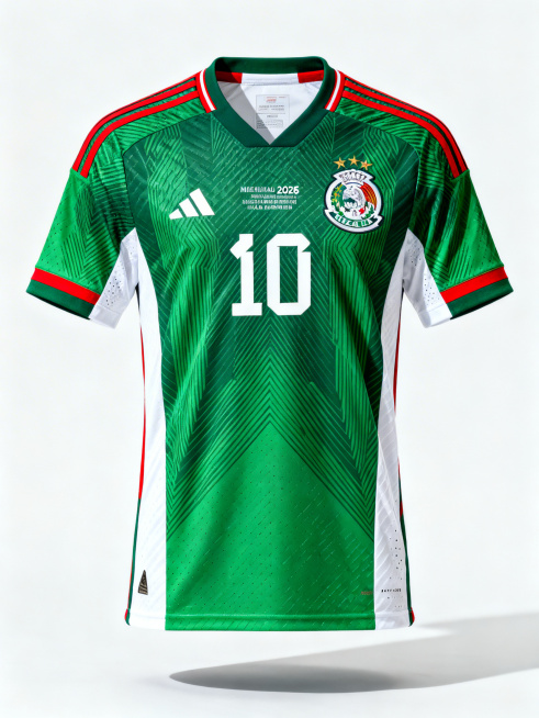 2026美加墨世界杯墨西哥国家队球衣商品展示图，主色调绿色、白色、红色，专业电商商品图，干净背景，细节清晰，运动球衣质感预览效果