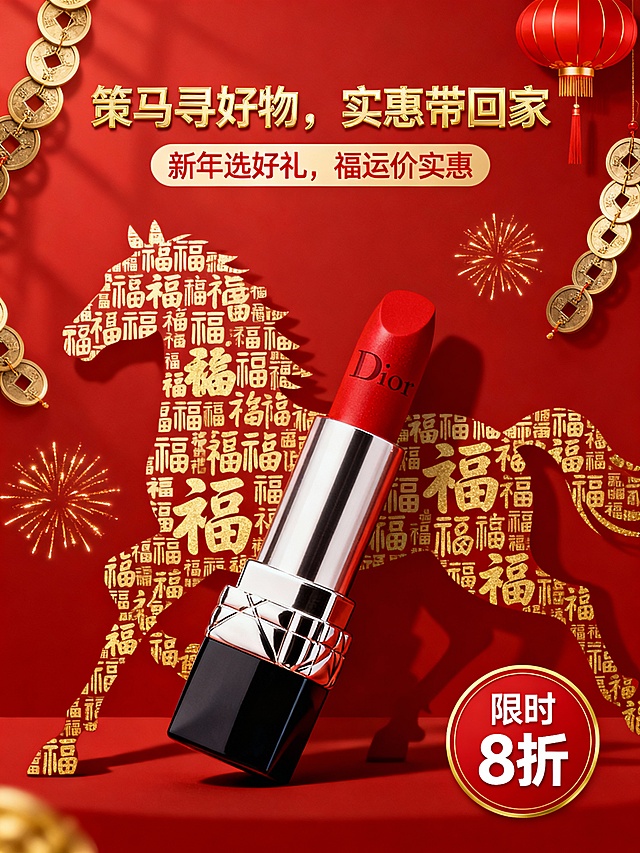 国潮风剪影马形由“福”字构成，鎏金铜钱与灯笼点缀，红金配色尽显中式奢华喜庆，金属质感唇膏凸显高端格调，节日氛围浓厚。