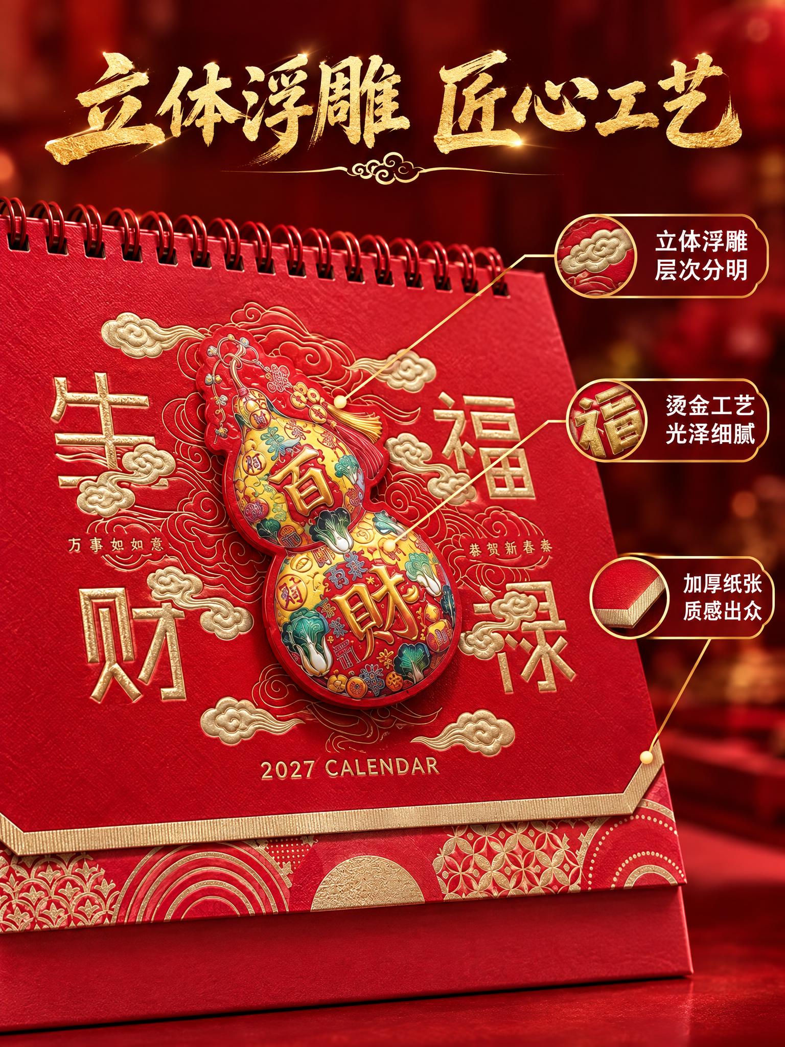 [商品] 使用【图1】福禄生财葫芦款台历；保留红色封面、葫芦立… - 图片创意预览