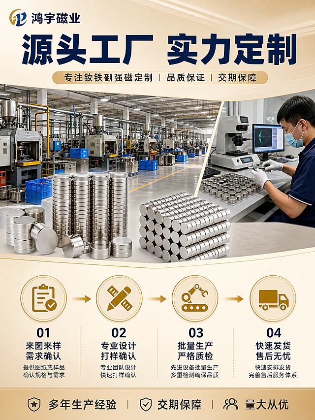 [商品] 使用【图1-图5】钕铁硼强磁 可定制 圆形磁铁；保留圆形扁平结构、银色金属电镀外观；工厂场景中产品自然融入，保持产品真实外观。
[画面] 第4张-工厂实力，工厂场景+生产流程展示。目标：证明源头工厂的定制能力和生产实力。构图：上下分栏，上半部分工厂生产场景（磁铁生产线、质检车间示意），下半部分4步生产流程图标+说明。产品图嵌入场景中，展示从原料到成品的过程。整体体现源头工厂的规模和专业度。
[视觉] 套系策略：风格=蓝金工业品质风；标题字=粗黑体；正文字=黑体；主色=米金色；背景延展=米金色渐变工业风背景，工厂场景暖调处理；强调色=浅金色（#d4af37），用于流程图标、连接线和标签；标题色=深蓝色（#1a365d）；正文色=深灰色；组件=浅金色圆形流程图标、深蓝色步骤标题、浅金色箭头连接线；光影=工厂场景自然光效，产品图统一工业摄影质感。
[文字] 顶部主标题"源头工厂 实力定制"深蓝色粗黑体。4步流程：01 来图来样 需求确认；02 专业设计 打样确认；03 批量生产 严格质检；04 快速发货 售后无忧。每步配浅金色图标和深蓝色标题。左上角"鸿宇磁业"品牌名。底部补充"多年生产经验 交期保障 量大从优"深灰色文字。
[规格] 图片比例3:4竖版，2K分辨率，避免变形、错字、文字过小、水印、平台Logo、悬浮感、产品结构失真。
