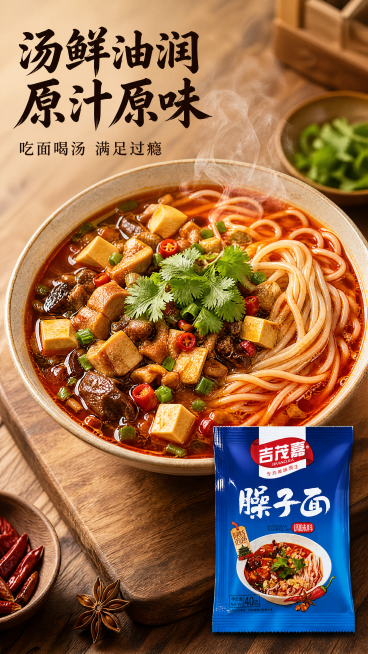 [第5屏] 臊子面成品食欲特写，展示做好的酸辣臊子面。
[氛围/风格] 浓郁食欲感，陕西家常风味，商业美食摄影，热气腾腾烟火气。
[元素布局] 一碗做好的臊子面占据画面中心偏上位置，占据画面约70%，预览效果