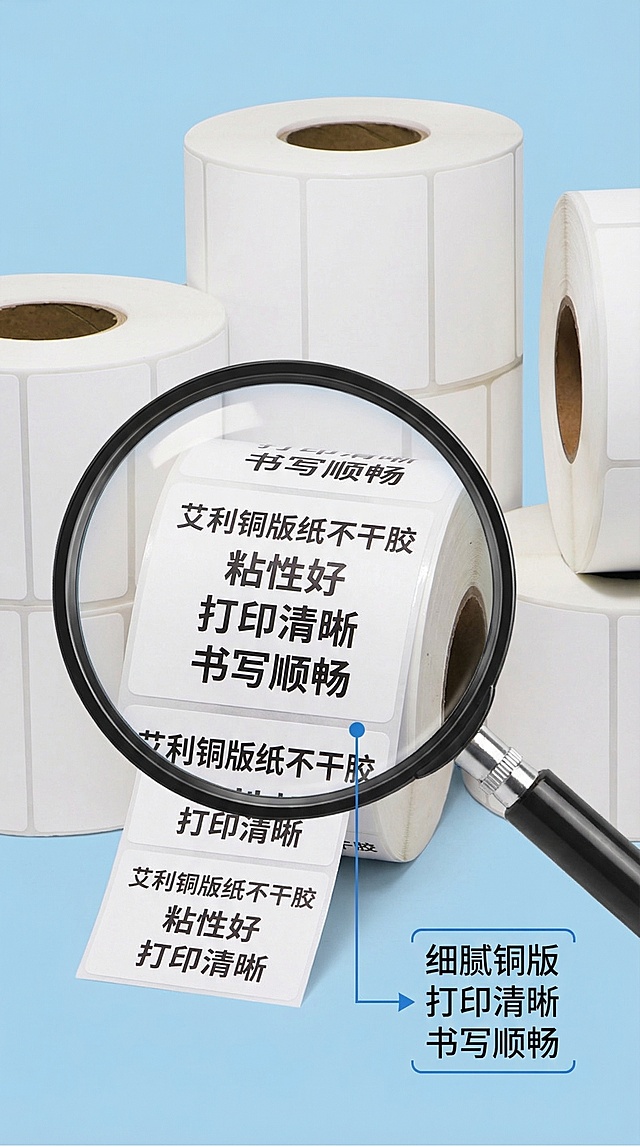 第三张主图，铜版不干胶标签纸，放大镜效果放大展示标签纸表面铜版纸材质，突出纸张细腻平整，方便书写打印的细节特征，原图产品保留原始外观，浅蓝干净商务背景，光影明亮，风格与前两张图保持统一，拼多多风格，背景铺满全屏无边框，引线标注纸张细节，文字说明"细腻铜版 打印清晰 书写顺畅"。