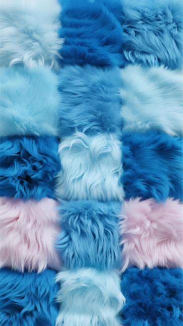 一张由多种蓝色系毛绒材质拼接而成的无缝背景图案，包括浅蓝、湖蓝、宝蓝、粉蓝等不同深浅的蓝色毛绒块，每个毛绒块都呈现出蓬松柔软的质感，绒毛根根分明且带有自然的卷曲和立体感，整体色彩和谐统一，营造出温暖舒适且充满治愈感的氛围，毛绒块之间的拼接自然过渡，形成丰富的视觉层次，光线柔和地洒在毛绒表面，凸显出细腻的纹理和柔和的光泽。预览效果