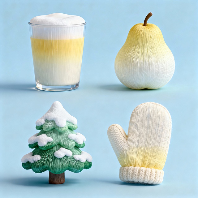 4 个奶油配色素材，上下两行排齐，背景浅蓝。热牛奶、冻梨、积雪松树、棉手套，清透冬日感。