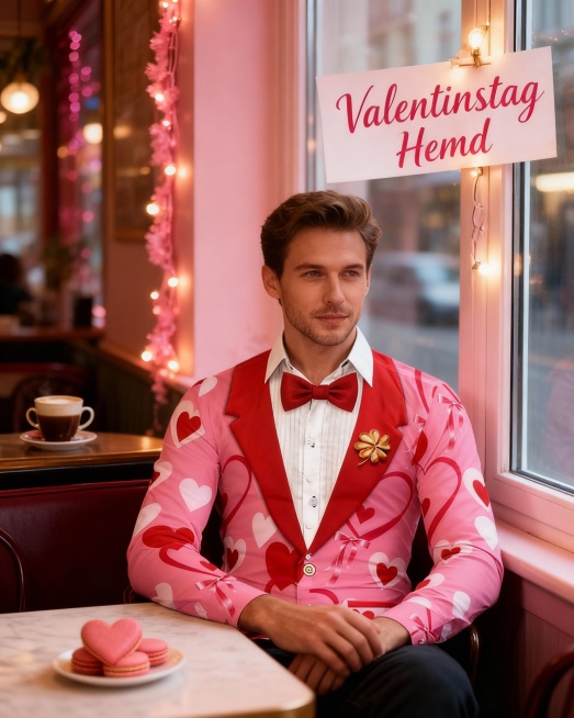 松弛感德国男士坐在暖光咖啡馆窗边，身着Valentinstag Hemd，衬衫的爱心印花与桌上的爱心马卡龙呼应；背景是复古咖啡杯+粉色装饰灯带，色调柔粉温馨。文字（画面右上角角落，柔红手写斜体字）：V预览效果