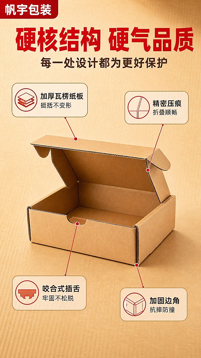 [商品] 使用【图1】帆宇包装超硬飞机盒；保留牛皮纸原色、瓦楞纸板材质、飞机盒结构；选取一个中号飞机盒做主体展示，半开盖状态，清晰展示内部结构和纸板厚度。

[画面] 第3张 结构解析页，目标是展示飞机盒的核心结构设计为什么更硬更耐用。引线标注型构图，画面中央放置一个半开盖的中号飞机盒，占画面50%，从盒体的不同部位引出细线指向四周的结构说明卡片。背景为浅棕色渐变+瓦楞纹理。顶部标题区。

[视觉] 套系策略：风格=专业工业风商业摄影 品质感；标题字=粗黑体 厚重有力；正文字=简洁无衬线体；主色=牛皮纸棕黄+正红；背景延展=基于牛皮纸棕黄色做深浅层级渐变 叠加细腻纸板纹理暗纹；强调色=正红色 仅用于品牌标签 标题重点字 图标高亮；标题色=正红色+深棕色；正文色=深炭灰色；组件=圆角信息卡 细线引线 红色胶囊标签；光影=左前侧45度暖光 产品顶部高光 底部柔和投影 体现纸板厚度和硬度。

[文字] 顶部红色粗黑体大标题"硬核结构 硬气品质"，下方深棕色副标题"每一处设计都为更好保护"；引线标注4个结构点：1. 顶部引出"加厚瓦楞纸板 挺括不变形"；2. 侧面引出"精密压痕 折叠顺畅"；3. 插舌部位引出"咬合式插舌 牢固不松脱"；4. 边角引出"加固边角 抗摔防撞"。每个标注配小图标和圆角信息卡。所有文字横排。

[规格] 图片比例9:16竖版，2K，避免变形、错字、文字过小、平台logo、水印、极限词、结构错误