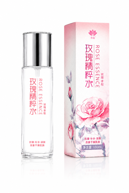 主体参考第二张图的100ml透明瓶身玫瑰精粹水和包装盒，保留瓶子和包装盒上所有文字信息，参考第一张图的光影质感，将背景设置为纯白色，生成干净的白底产品图预览效果