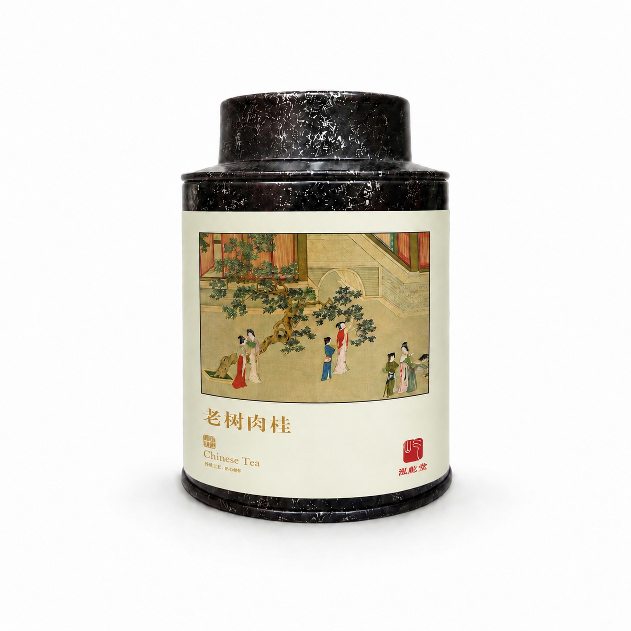 保留当前黑色罐子的造型、透视和光影不变，将图片标签仅覆盖罐子正… - 图片创意预览