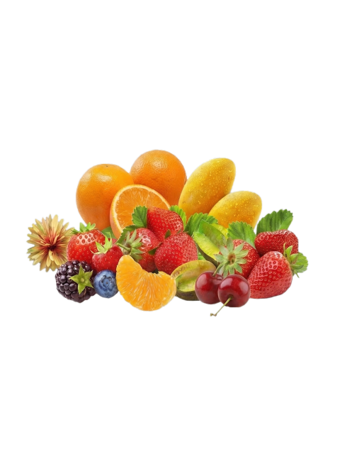 移除图片右下方的两朵小黄花，保留所有水果、桑葚、蓝莓和左侧菊花不变，保持背景透明，修复移除后区域的自然过渡预览效果