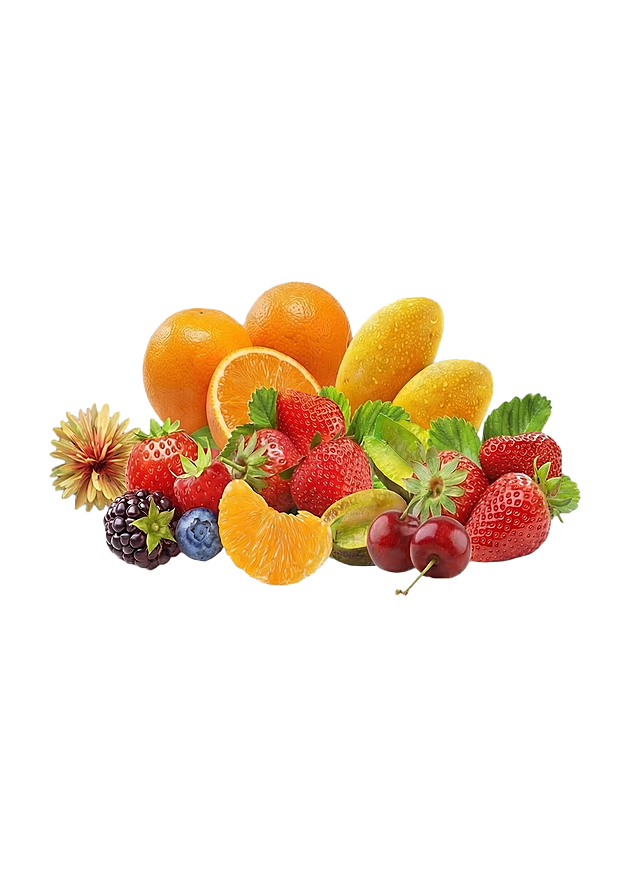 移除图片右下方的两朵小黄花，保留所有水果、桑葚、蓝莓和左侧菊花不变，保持背景透明，修复移除后区域的自然过渡