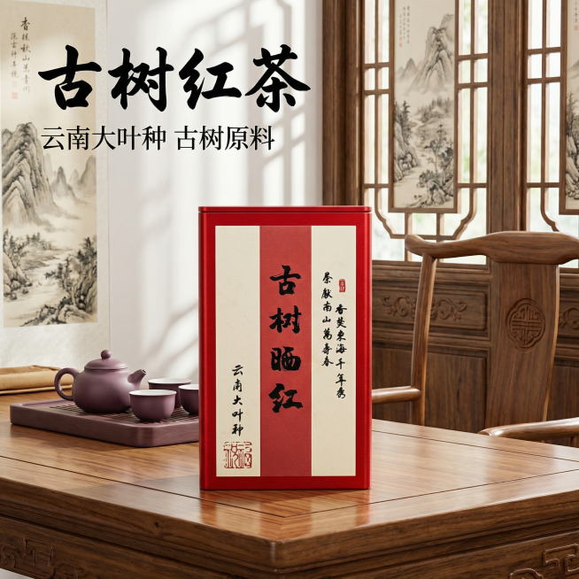 [主图 1] 古树红茶产品首图
[氛围风格] 国风茶室风格，雅致古典氛围
[画面元素] 商业摄影质感、光线柔和通透、产品清晰真实、画面干净高级。红色铁罐古树红茶产品居中完整展示，产品外观与原图保持一致预览效果