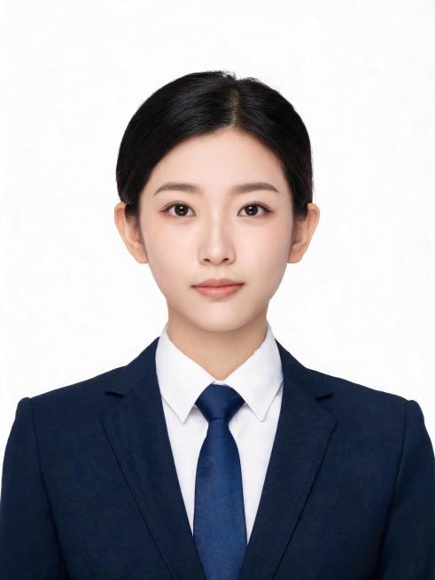 亚洲年轻女生，年龄20到30岁左右，正面免冠标准商务证件照，胸部以上胸像构图，人物居中端正，双肩平齐，平视镜头，表情自然平和，露出双耳与眉毛。身穿剪裁合身的藏青色正装西装外套，内搭挺括纯白色正装衬衫，预览效果
