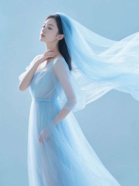 一位身着飘逸透明薄纱长裙的亚洲女性，身姿优雅地侧身而立，一手轻扶颈部，另一手置于腰间，姿态柔美。淡蓝色的薄纱在她头顶及周身轻盈舞动，形成灵动的弧线。整体画面笼罩在柔和的淡蓝色调中，光线明亮且均匀，营造出梦幻、纯净而宁静的氛围。背景为简洁的浅色调，突出人物主体，薄纱材质通透，光影过渡自然，展现出细腻的质感和流动的动态美。预览效果