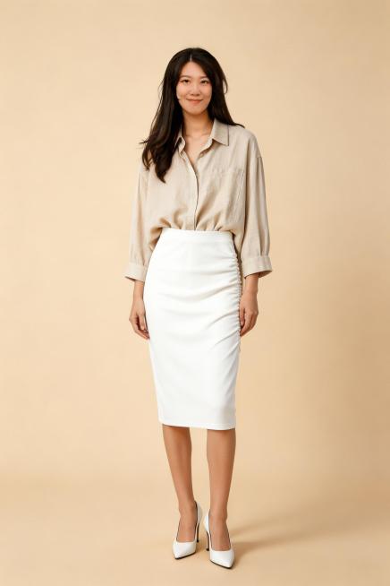 图2的女模特穿上图1中的米色衬衫和白色包臀半身裙，搭配白色鞋子，拍摄露脸全身商业高级时尚大片，整体风格高级简约，质感清晰，商业摄影，保持模特原本的面部特征预览效果