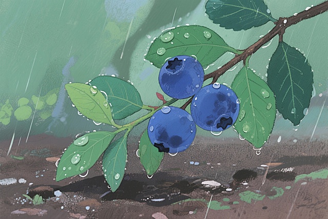 请为我生成几张蓝莓的插画，挂在枝丫上的蓝莓，画风参考日系水彩凤