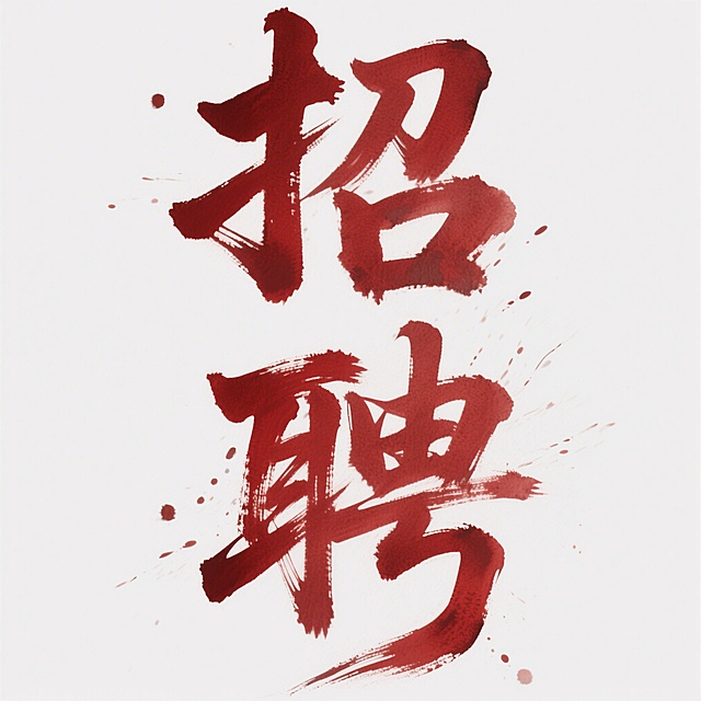 中国风毛笔书法字体，"招聘"两个字，红色浓墨，笔触苍劲有力，带有飞白和枯笔效果，笔画粗细变化明显，有手写泼墨的质感，整体风格硬朗大气，排版为上下结构，背景为纯白色，适合招聘海报主视觉标题