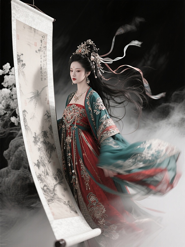 全局朦胧模糊虚化的时尚古风场景，妹喜身着青红色复杂宫装，从书画空卷轴中走出，衣服饰品繁琐精致，人物呈现隐隐约约的模糊虚化人像，头发和丝带凌乱突出，动态模糊与边沿模糊效果显著，整体为黑白灰度暗黑调子，叠加多重曝光与失焦效果，超广角强透视构图，景深明显，高噪点与强烈胶片颗粒感，弥散模糊晕染营造朦胧美学，夸张构图的超现实画面，细节生动如杰作
