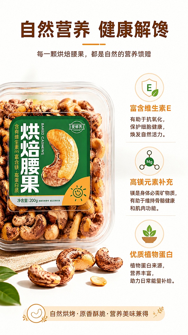 「图片1」，生成一套详情页，商品名称为烘烤腰果，适配淘宝/天猫平台，单图比例为9:16，需求屏数为15张，要求有品名，严选标准，产地，卖点，营养价值，产品细节图，配料表（保质期8个月），食用场景图（下午茶、野餐露营、追剧），设计风格上，绿色少一点，考虑烘烤感的腰果，要求有食欲，「爱鲜界」品牌简介
儿时总贪恋村口果园的鲜果滋味，长大后却难寻纯粹本味。
「爱鲜界AIXIANJIE」团队走遍各地核心产区，与果农相伴，等候果实自然成熟，从枝头直达车间，努力不保留新鲜灵气。

摒弃繁杂添加剂，用匠心工艺烘焙坚果、慢制蜜饯，守住果实天然香甜。

我们坚信，好零食不该只有口感，更要有安心与人间温度。

以原产地好果为底色，以真诚匠心为内核，把山野清风、阳光果香送往千家万户。

忙碌间隙拆开，一口尝到自然本真，让简单零食，盛满治愈、健康与温柔烟火气。