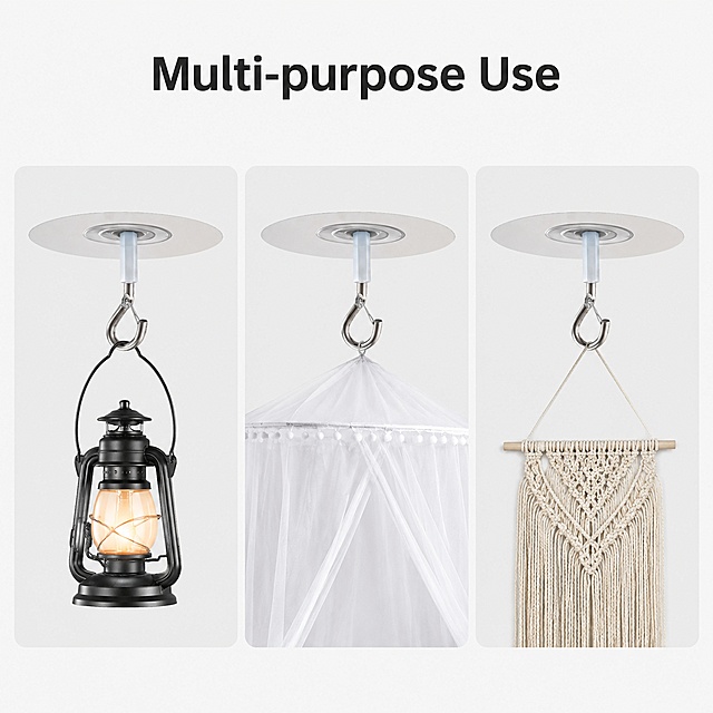 [主图-5] Multi-scenario application display for ceiling hook. Keep product appearance consistent with input image 1. Use 3 small windows on light grey background to show different usage scenarios: 1. Hanging lantern 2. Hanging mosquito net 3. Hanging wall decor. Each small window is clear, product is in main position. Top text in English: "Multi-purpose Use", no Chinese characters. Clean layout, consistent light, focus on product adaptability. 1:1 square. Negative prompts: deformation, text disorder, blurry, messy background, watermark, Chinese characters