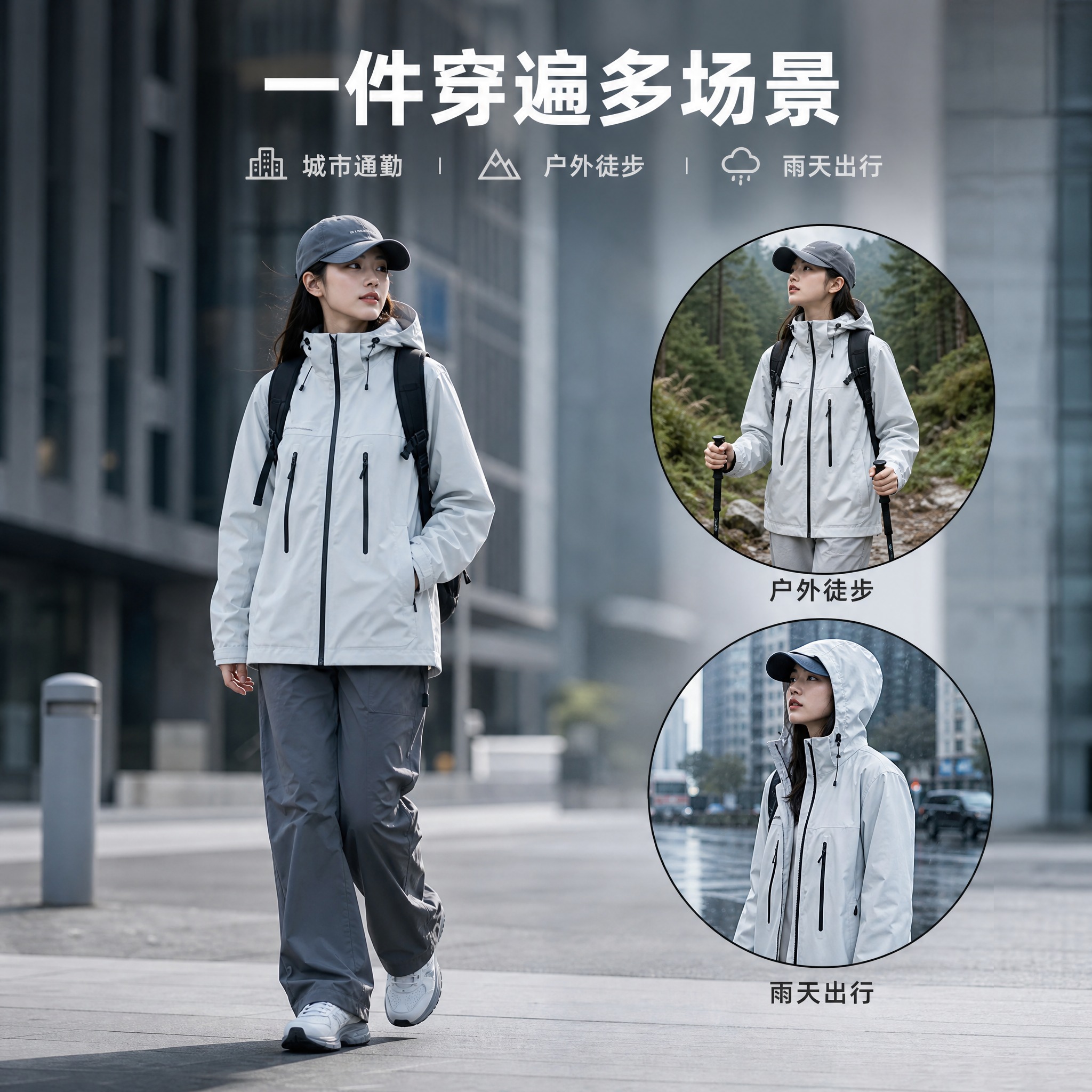 [主图-3] 浅冰蓝色户外冲锋衣 多场景穿搭展示图 [统一基调… - 图片创意预览