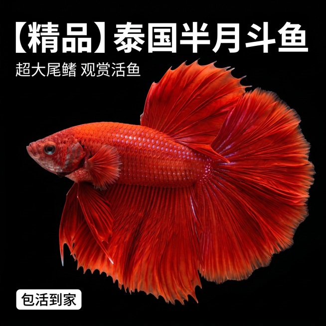 [主图 1] 泰国斗鱼半月观赏鱼产品展示首图。
[氛围风格] 高端水族宠物商品展示，真实自然质感
[画质] 商业摄影质感、光线通透立体、产品清晰真实、画面干净高级
[元素] 纯红色泰国斗鱼半月居中展示预览效果